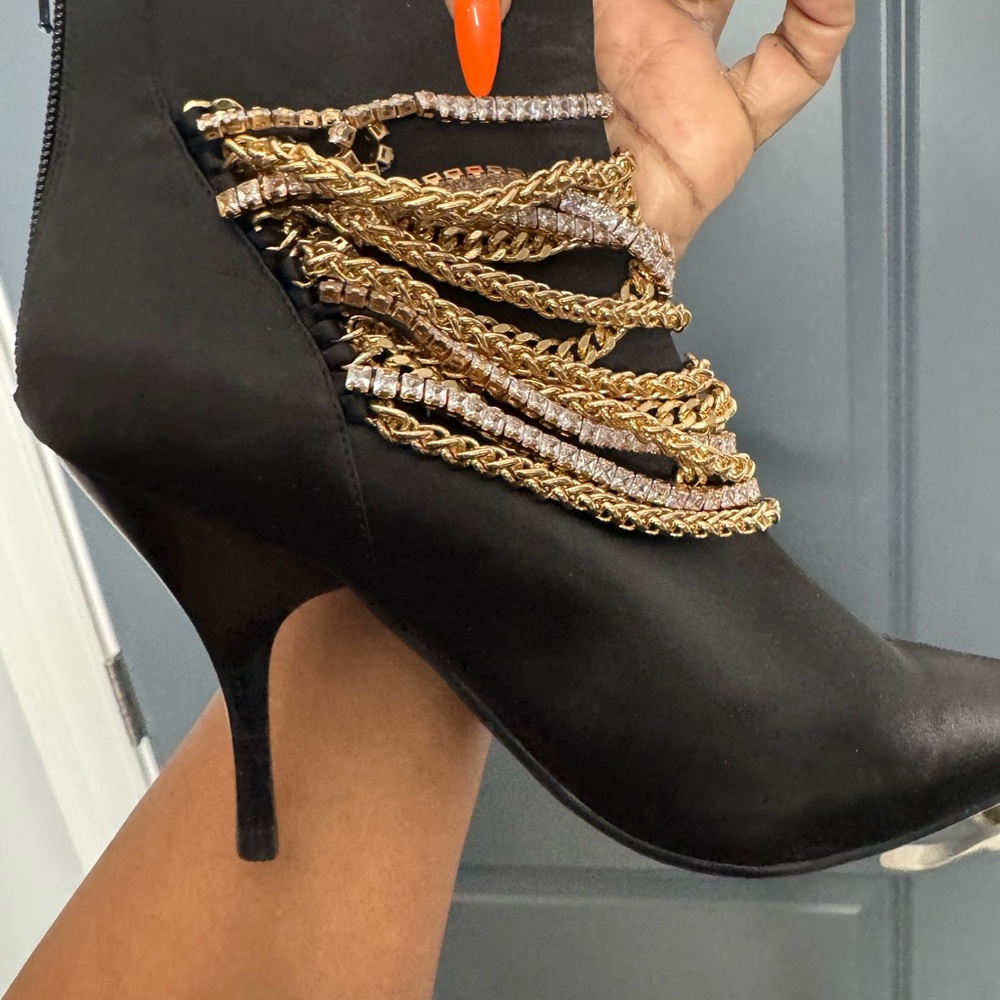 Jeffrey Campbell Black Ankle Boots with Gold Chain Accents